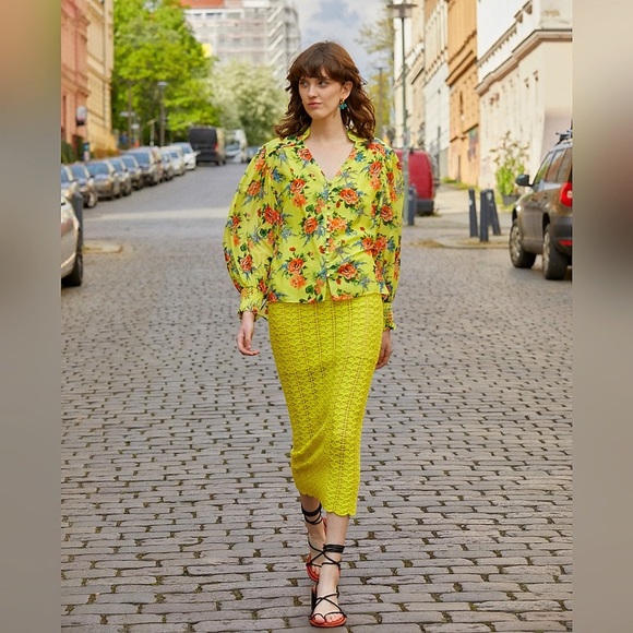 Alice + Olivia Veronique Pointelle Lemon Yellow Scoop Neck Wool Blend Dress - Picture 14 of 16